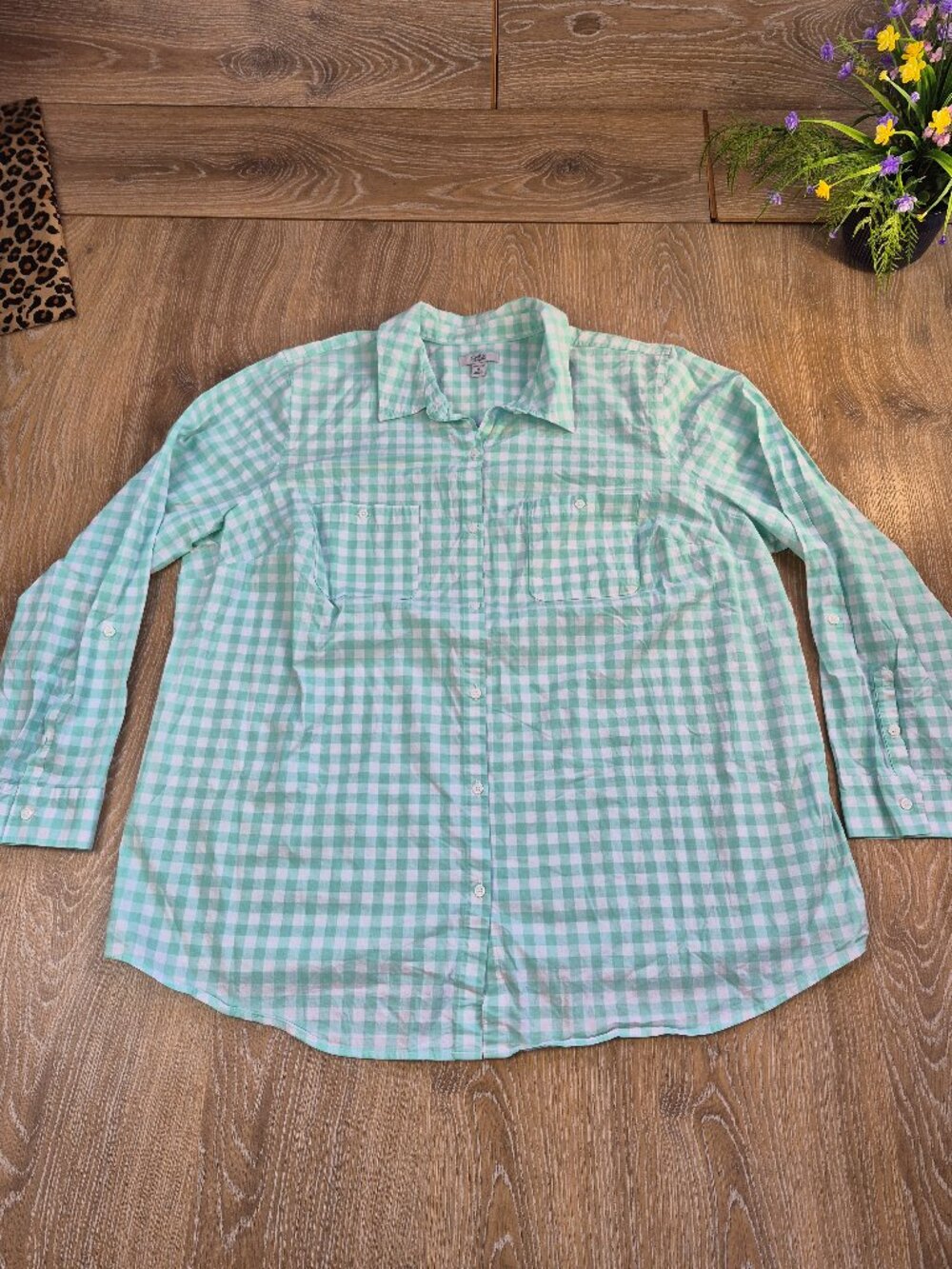 2/$20 Croft & Barrow Plus 2X Gingham Blouse Aqua CottageCore Cotton Plaid